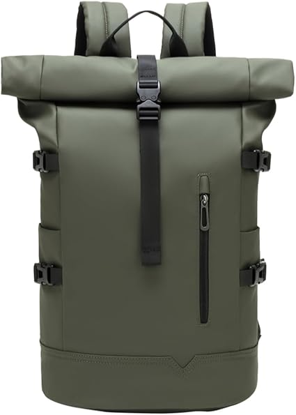 Zaino Rolltop da Viaggio 15.6 Pollici Porta PC Impermeabile Lavoro Uomo Università per Viaggio Escursionismo Campeggio Università-Verde