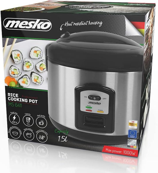Mesko MS6411 Cuociriso Elettrico 1,5 Litri Vaporiera, Funzione Tieni Caldo, Rice Cooker Cuoci Riso, Sushi, Per 8-10 Persone, Cottura a Vapore, Antiaderente,..